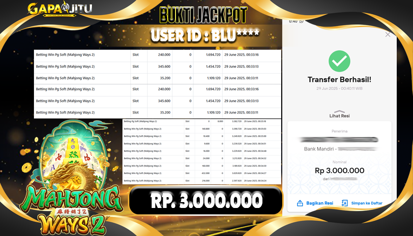 GAPAIJITU JACKPOT SLOT MAHJONG WAYS 2 Rp.3.000.000.,- LUNAS